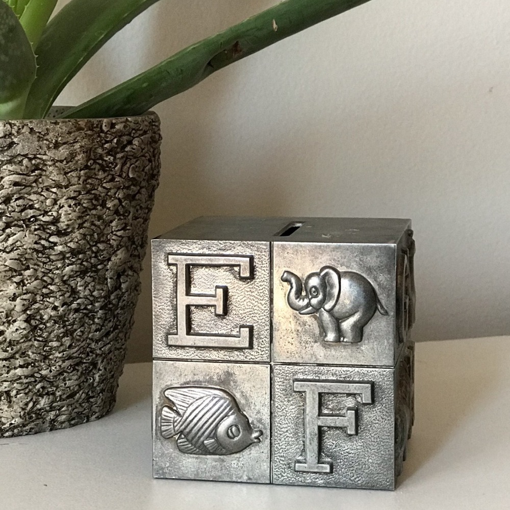 Vintage 80s Silver Metal Baby Nursery Piggy Bank - Picture 3 of 5